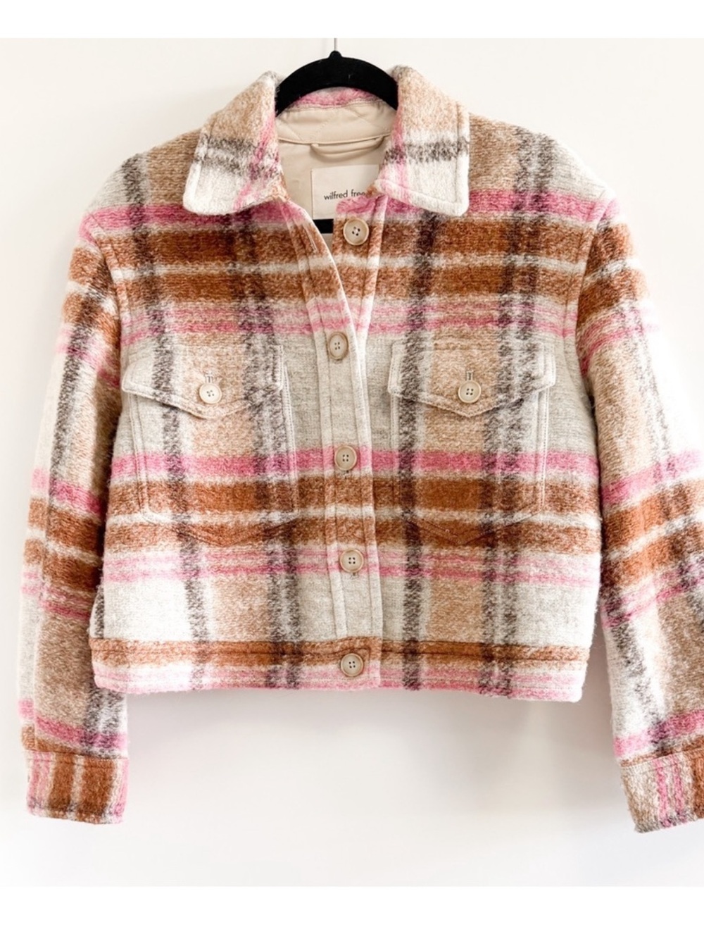 Aritzia Plaid Wool-Blend Cropped Jacket in Cream, Pink, Brown